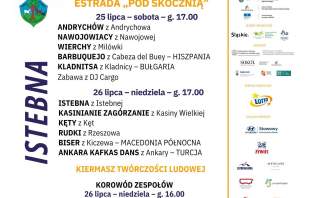 Plakat 63. Tygodnia Kultury Beskidzkiej i 31. Festynu Istebniańskiego (25 lipca – 2 sierpnia 2026). Zawiera program występów zespołów m.in. z Polski, Hiszpanii i Turcji na estradzie „Pod Skocznią”, informacje o korowodzie i kiermaszu.