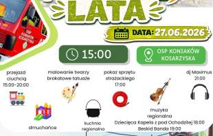 Plakat ze zdjęciami plenerowego spotkania przy remizie OSP, czerwonego wozu strażackiego oraz dmuchańców dla dzieci. Grafika informuje o wydarzeniu „Powitanie Lata” i zawiera program atrakcji opisanych w ogłoszeniu.