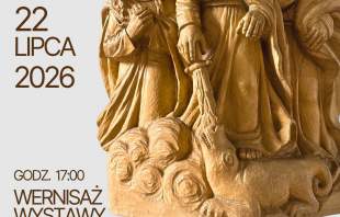 Plakat zaprasza na wernisaż wystawy „Duchowość w rzeźbie Jana Bojki” 22 lipca 2026 r. o 17:00 w GOK w Istebnej. Na szarym tle widnieje duża drewniana rzeźba przedstawiająca trzy postacie, z których środkowa (anioł) pokonuje smoka.