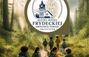Plakat „Pielgrzymka dzieci”. Wyjazd 19 września. Start o 10:00 w Jasnowicach, meta o 15:00 na Trójstyku. Na grafice dzieci idą leśną ścieżką. W centrum logo Miejsca Kultu Matki Bożej Frydeckiej w Trzycatku oraz logo organizatora.