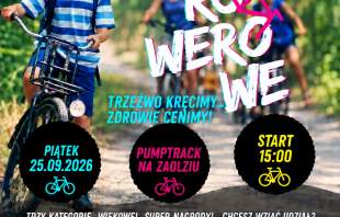 Plakat: Za Wody Rowerowe Edycja 2. Piątek 25.09.2026, start 15:00 na pumptracku na Zaolziu. Hasło: „Trzeźwo kręcimy – zdrowie cenimy!”. Trzy kategorie wiekowe, super nagrody, wymagany kask. Zapisy w GOK Istebna. Zdjęcie chłopca na rowerze.