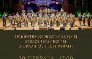 Plakat promujący koncert z informacją na temat miejscz i terminu wydarzenia oraz zdjęciem orkiestry i logotypami Gminy Istebna i orkiestry