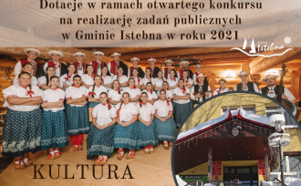 Zdjecie członków zespołu regionalnego oraz wejście do budynku urzędu gminy Istebna z opisem dotacji gminy Istebna na rzecz kultury