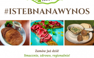 Plakat z trzema zdjęciami potraw regionalnych, który informuje, ze na terenie gminy istebna można zamówić dania na wynos lub na dowóz.