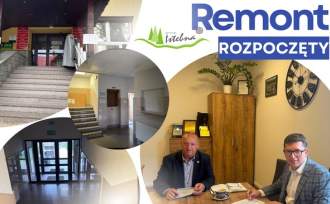 Grafika przedstawiająca podpisanie umowy na rozpoczęcie prac remontowych wejścia do budynku Urzędu Gminy Istebna