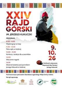 Plakat XXIV Rajdu Górskiego im. Jerzego Kukuczki (9.10.26). Zawiera program: 8:00 wyjście na trasy, 11:30 meta w Istebnej, konkursy, wręczenie nagród i złożenie kwiatów (14:30). Obok zdjęcie Kukuczki w zimowej czapce i okularach na tle gór.