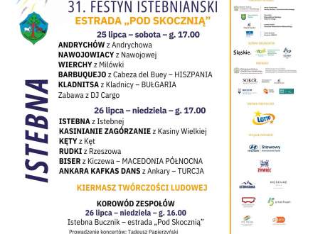 Plakat 63. Tygodnia Kultury Beskidzkiej i 31. Festynu Istebniańskiego (25 lipca – 2 sierpnia 2026). Zawiera program występów zespołów m.in. z Polski, Hiszpanii i Turcji na estradzie „Pod Skocznią”, informacje o korowodzie i kiermaszu.