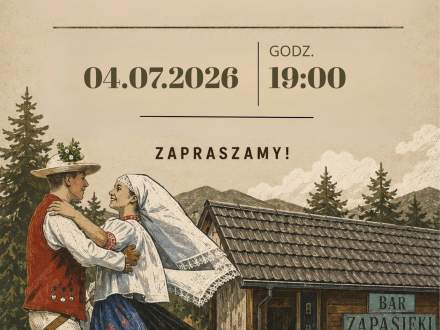 Muzyka Zapasiekami, para tańcząca przy drewnianym barze, kilka świerków