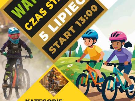 Plakat promujący wydarzenie rowerowe „Wakacje. Czas start! – 5 lipiec, start 13:00” w ośrodku Ski & Bike Złoty Groń. Na grafice znajdują się zdjęcie dziecka na rowerze górskim oraz ilustracja dwójki dzieci jadących na rowerach. W dolnej części podano kate