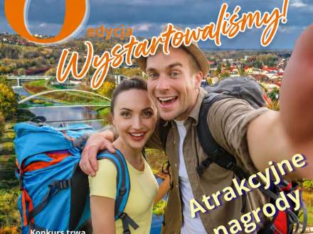 Plakat 6. edycji „Konkursu Selfie z Marką Śląsk Cieszyński”. Przedstawia uśmiechniętą parę z plecakami robiącą selfie na tle rzeki i mostów. Na górze duża cyfra 6 i napisy konkursowe, na dole logotypy organizatorów i patronów.