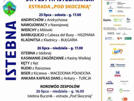 Plakat 31. Festynu Istebniańskiego w ramach 63. Tygodnia Kultury Beskidzkiej (25.07–2.08.2026). Zawiera szczegółowy program koncertów na estradzie „Pod Skocznią”, informacje o korowodzie i imprezach towarzyszących oraz logotypy partnerów.