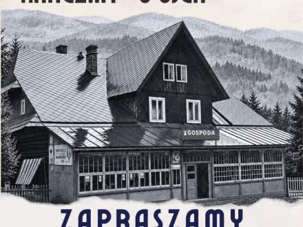 Plakat informujący o 100-leciu Karczmy „U Ujca”. Wydarzenie odbędzie się 24.10.2026 r. o godz. 18:00. W programie wystąpi zespół ADM oraz przewidziano poczęstunek z szampanem. Wstęp wolny, rezerwacje: 33 855 60 29.