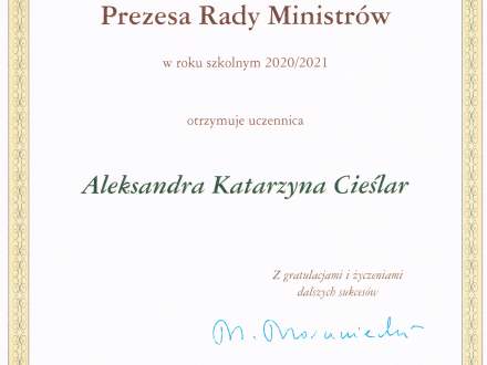 Stypendium Prezesa Rady Ministrów dla Aleksandry Katarzyny Cieślar