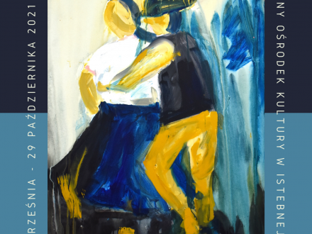 Plakat wystawy na podstawie obrazu pary tańczącej w strojach góralskich autorstwa A. Pawlitko