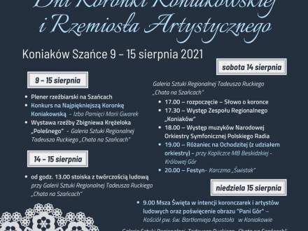 Plakat z rozpiską programu i ze zdjęciem rąk koronczarki zapraszający do Koniakowa na Dni Koronki Koniakowskiej w dniach od 9 do 15 sierpnia 2021 roku