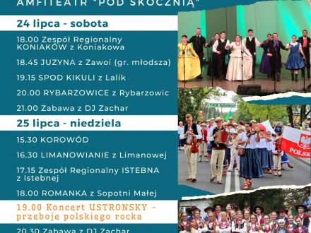 Plakat z programem wydarzenia i zdjęciami zespołów regionalnych