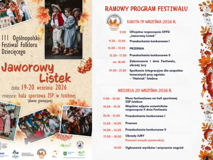 Plakat: III Ogólnopolski Festiwal Folkloru Dziecięcego „Jaworowy Listek”, 19–20 września 2026 r., hala ZSP w Istebnej. W programie: przesłuchania konkursowe, msza, koncert muzyki pasterskiej, ognisko integracyjne oraz ogłoszenie wyników.