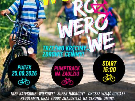 Plakat: Za Wody Rowerowe Edycja 2. Piątek 25.09.2026, start 15:00 na pumptracku na Zaolziu. Hasło: „Trzeźwo kręcimy – zdrowie cenimy!”. Trzy kategorie wiekowe, super nagrody, wymagany kask. Zapisy w GOK Istebna. Zdjęcie chłopca na rowerze.