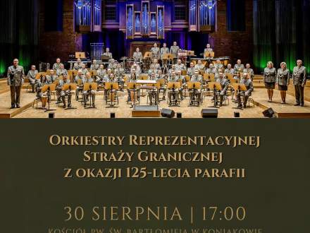 Plakat promujący koncert z informacją na temat miejscz i terminu wydarzenia oraz zdjęciem orkiestry i logotypami Gminy Istebna i orkiestry