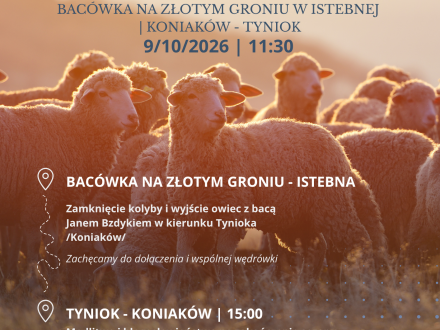 Plakat informuje o Redyku Jesiennym, który odbędzie się 9.10.2026 r. o godz. 11:30. W programie: przejście owiec z Bacówki na Złotym Groniu na Tyniok w Koniakowie (11:30), modlitwa, pokaz wyrobu buncu oraz występy zespołów (15:00). Tło: stado owiec.