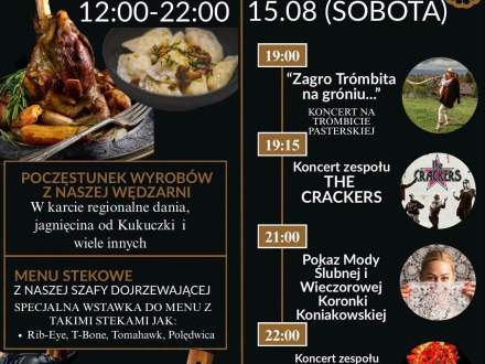 Plakat imprezy „Święto Smaku i Rozrywki” w Dworze Kukuczka (15.08, 12:00–22:00). W menu dania regionalne i steki. W programie: gra na trąbicie (19:00), The Crackers (19:15), pokaz mody (21:00), Kasia Gacek-Duda (22:00). Rezerwacje: 781 022 044.
