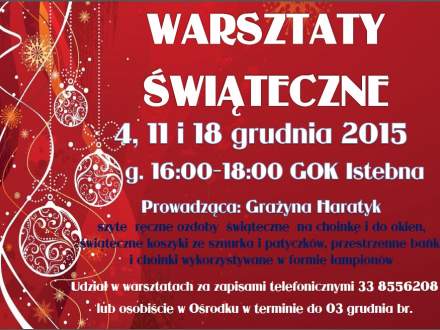 Plakat warsztatów na czerwonym tle ozdobiony białymi bańkami choinkowymi