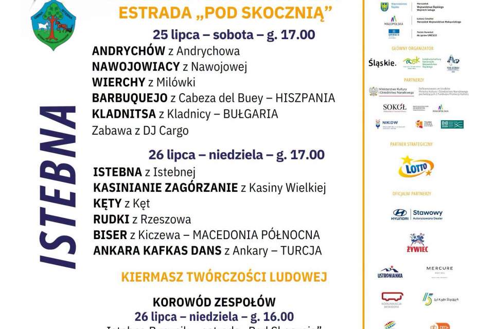 Plakat 63. Tygodnia Kultury Beskidzkiej i 31. Festynu Istebniańskiego (25 lipca – 2 sierpnia 2026). Zawiera program występów zespołów m.in. z Polski, Hiszpanii i Turcji na estradzie „Pod Skocznią”, informacje o korowodzie i kiermaszu.