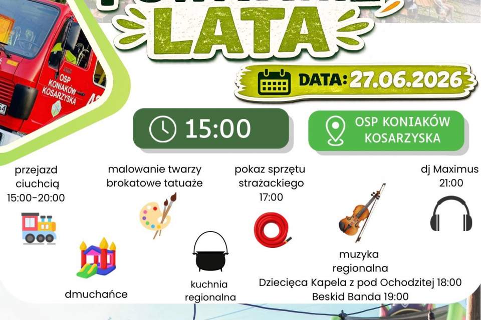 Plakat ze zdjęciami plenerowego spotkania przy remizie OSP, czerwonego wozu strażackiego oraz dmuchańców dla dzieci. Grafika informuje o wydarzeniu „Powitanie Lata” i zawiera program atrakcji opisanych w ogłoszeniu.