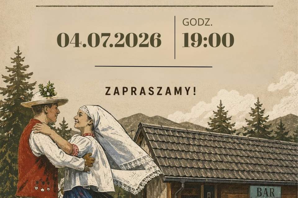 Muzyka Zapasiekami, para tańcząca przy drewnianym barze, kilka świerków
