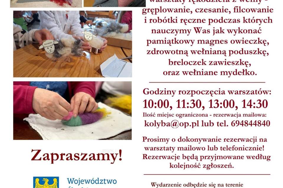 Plakat wydarzenia Jarmark Pasterski w Koniakowie (15.08.2026 r.) zaprasza na 90-minutowe warsztaty obróbki wełny (godz. 10:00, 11:30, 13:00, 14:30). Miejsce: Centrum Pasterskie, Szańce 33. Obowiązuje rezerwacja: kolyba@op.pl lub tel. 694844840.