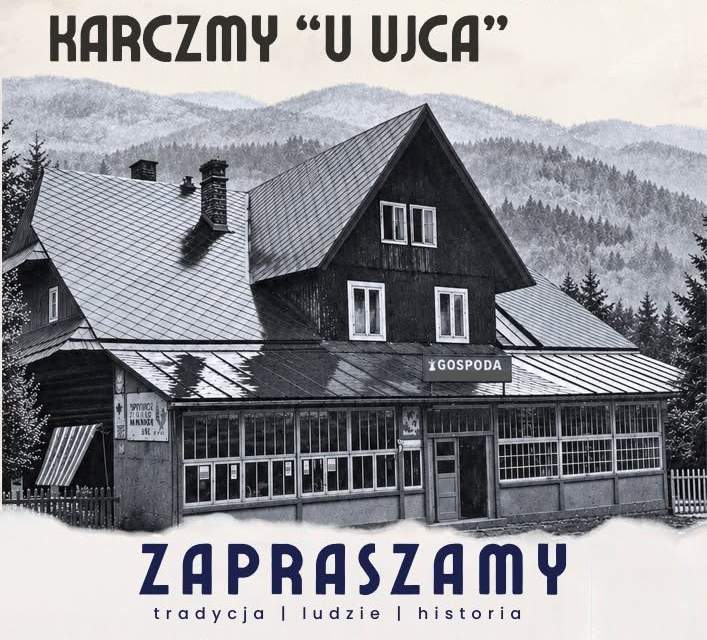 Plakat informujący o 100-leciu Karczmy „U Ujca”. Wydarzenie odbędzie się 24.10.2026 r. o godz. 18:00. W programie wystąpi zespół ADM oraz przewidziano poczęstunek z szampanem. Wstęp wolny, rezerwacje: 33 855 60 29.