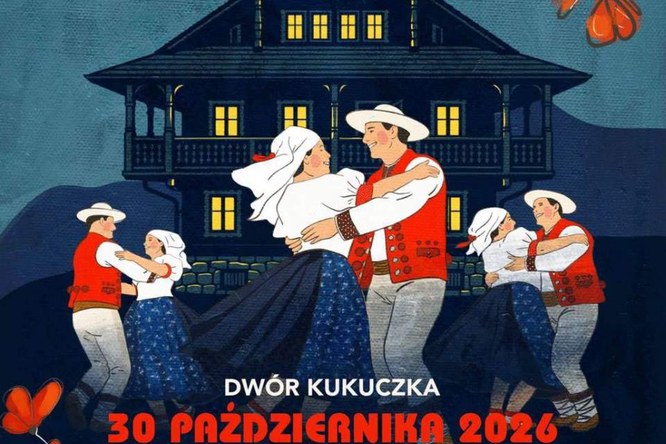 Plakat: Góralska opera z Istebnej „Jak górale przed arcyksięciem Fryderykiem Habsburgiem na Przysłopie tańcowali”. Dwór Kukuczka, 30 października 2026 r., godz. 18:00. Występuje Zespół Regionalny „Istebna”. Ilustracja tańczących górali.