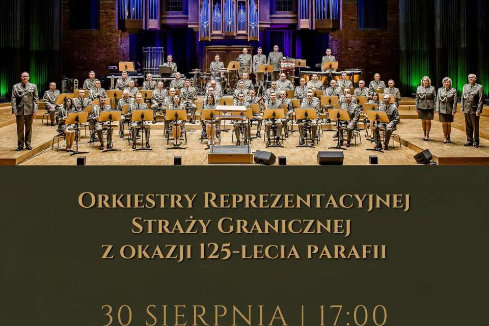 Plakat promujący koncert z informacją na temat miejscz i terminu wydarzenia oraz zdjęciem orkiestry i logotypami Gminy Istebna i orkiestry