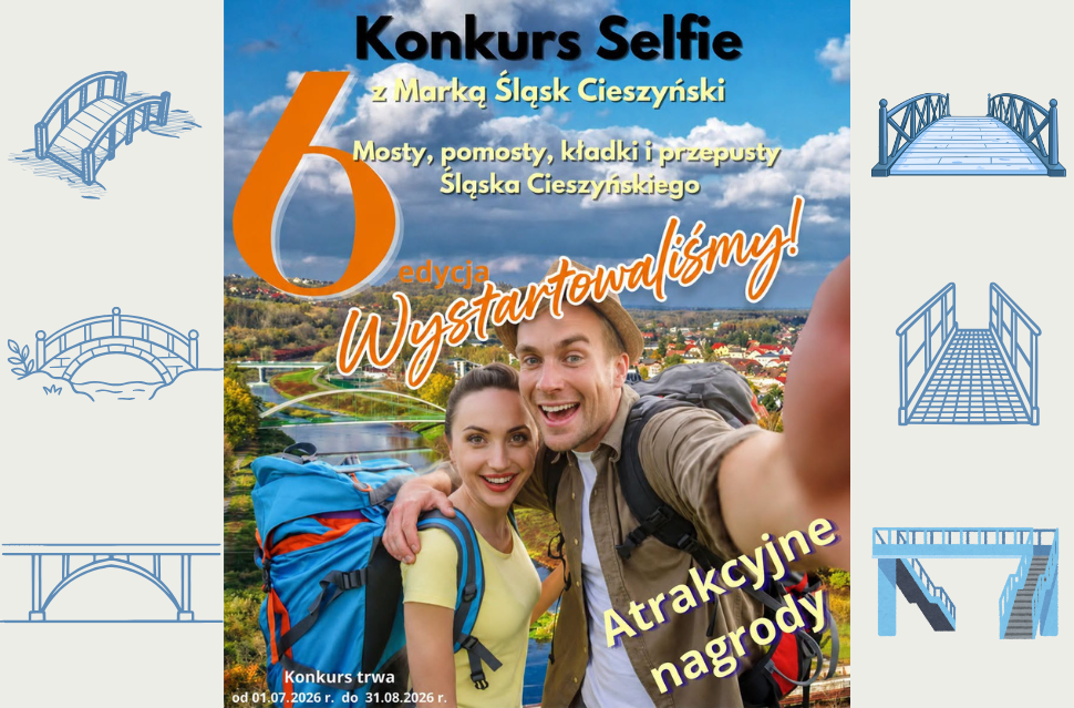 Baner 6. edycji „Konkursu Selfie z Marką Śląsk Cieszyński”. W centrum para z plecakami robiąca zdjęcie na tle krajobrazu z rzeką. Po bokach szare pasy z grafikami przedstawiającymi różne typy mostów. Informacja o atrakcyjnych nagrodach.