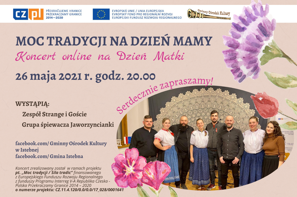 Plakat zapraszający na koncert z okazji Dnia Matki w środę 26 maja 2021 roku o godzinie 20.00. Na plakacie zdjęcie wykonawców koncertu na fioletowym tle; wokół kwiaty.