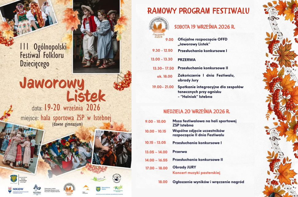 Plakat: III Ogólnopolski Festiwal Folkloru Dziecięcego „Jaworowy Listek”, 19–20 września 2026 r., hala ZSP w Istebnej. W programie: przesłuchania konkursowe, msza, koncert muzyki pasterskiej, ognisko integracyjne oraz ogłoszenie wyników.