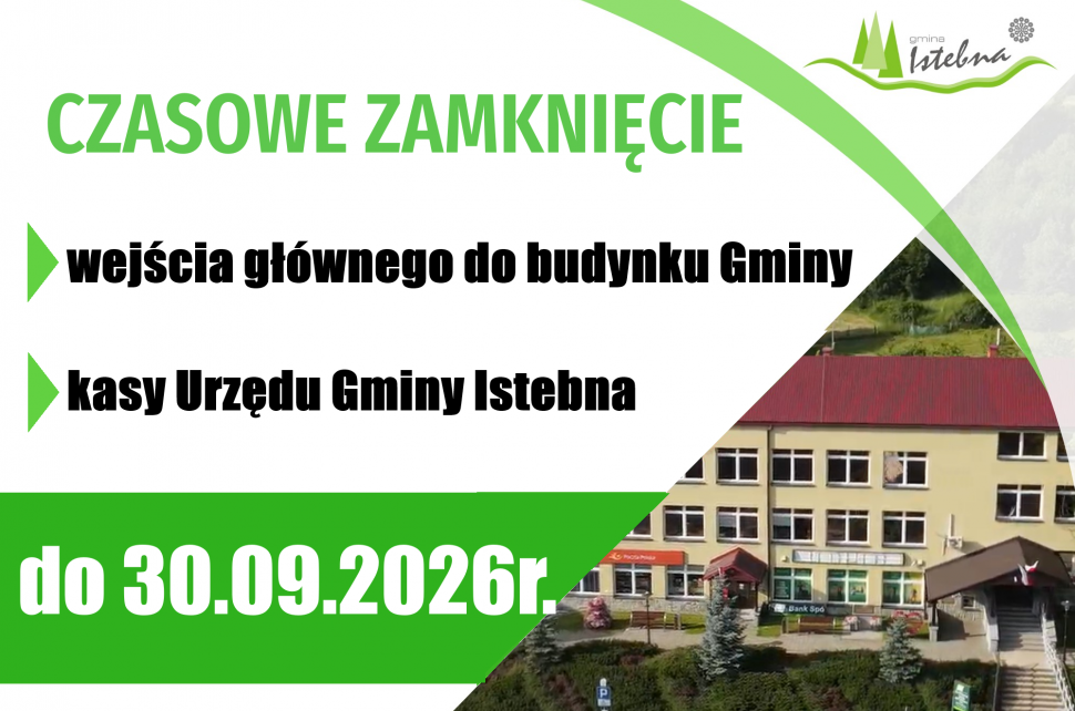 Grafika informacyjna dotycząca czasowego zamknięcia kasy oraz głównego wejścia do budynku Urzędu Gminy.