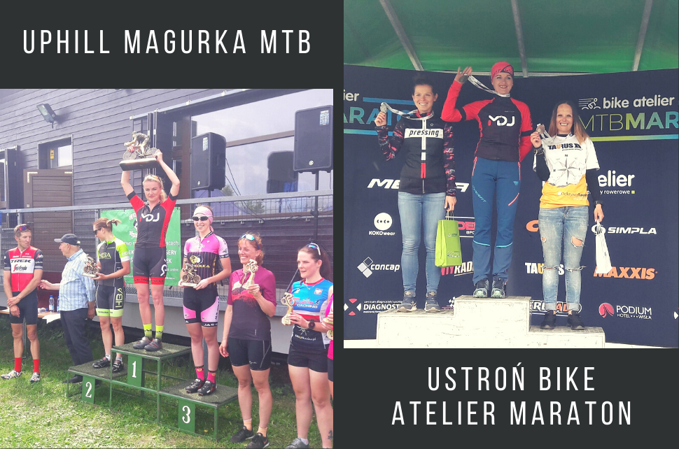 Anna Kaczmarzyk na podium - dwa połączone zdjęcia Uphill Magurka MTB i Ustroń Bike Atelier Maraton