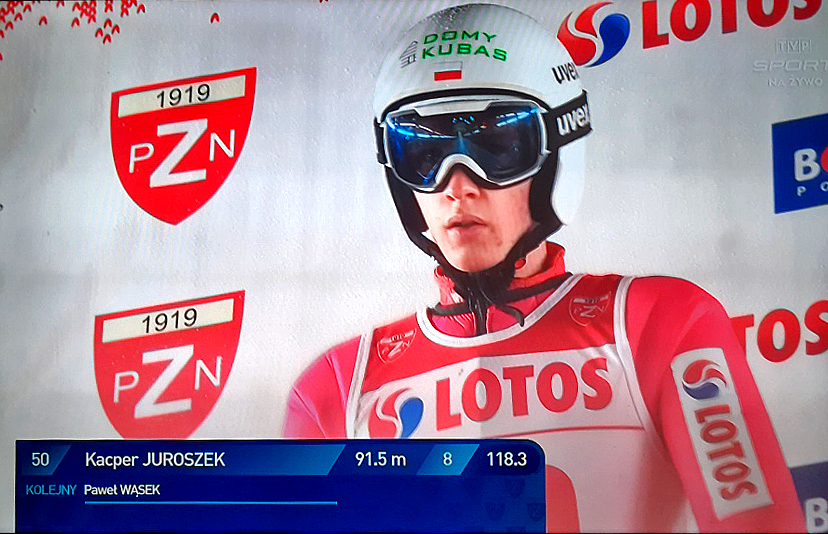 Kacper Juroszek na belce startowej konkursu indywidualnego - foto z ekranu TV