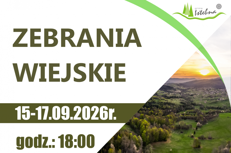 Grafika informacyjna dotycząca zebrań wiejskich w Gminie Istebna.