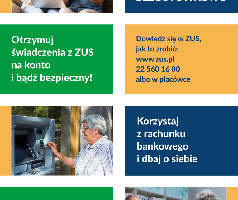 Plakat pt. Bezpiecznie, Zdrowo, bezgotówkowo informująca o korzyściach korzystania przez seniorów z e-usług