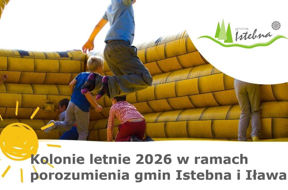 Grafika informacyjna w sprawie kolonii letnich w ramach porozumienia gmin Istebna i Iława