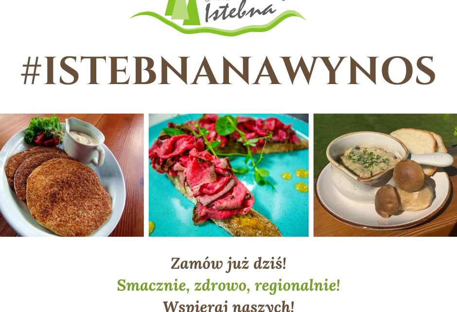 Plakat z trzema zdjęciami potraw regionalnych, który informuje, ze na terenie gminy istebna można zamówić dania na wynos lub na dowóz.