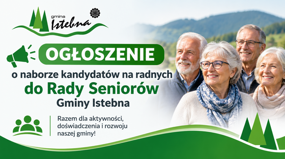Grafika informacyjna dot. naboru na radnych do Rady Seniorów Gminy Istebna; grafika wygenerowana przy użyciu AI.